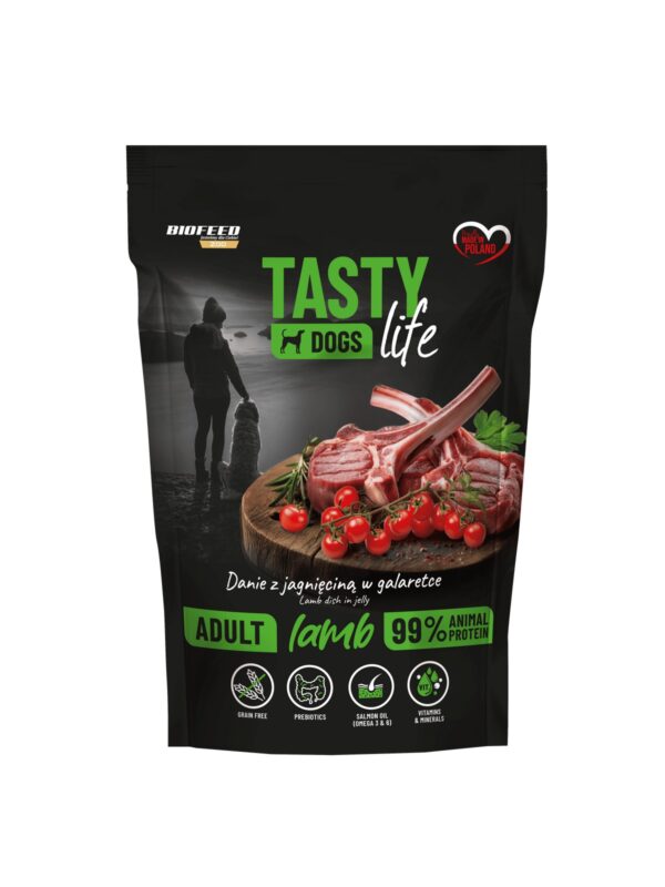 133-Mokra-karma-dla-psow-Tasty-Dogs-Life-JAGNIECINA-90-danie-w-galaretce-saszetka-500-g.jpg Mokra karma dla psów Tasty Dogs Life JAGNIĘCINA 90% - danie w galaretce (saszetka) 500 g