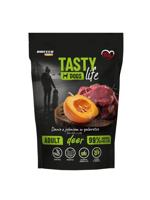 134-Mokra-karma-dla-psow-Tasty-Dogs-Life-JELEN-90-danie-w-galaretce-saszetka-500-g.jpg Mokra karma dla psów Tasty Dogs Life JELEŃ 90% - danie w galaretce (saszetka) 500 g