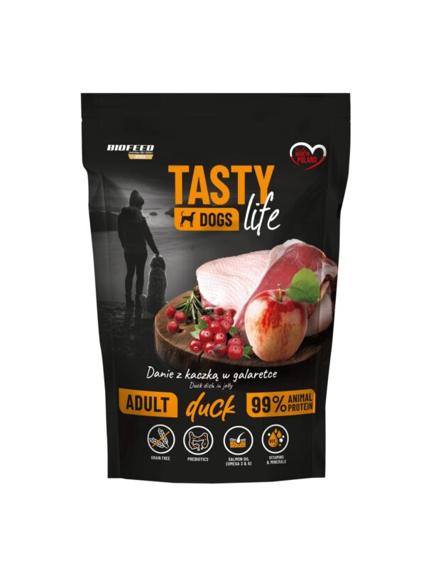 135-Mokra-karma-dla-psow-Tasty-Dogs-Life-KACZKA-90-danie-w-galaretce-saszetka-500-g.jpg Mokra karma dla psów Tasty Dogs Life KACZKA 90% - danie w galaretce (saszetka) 500 g